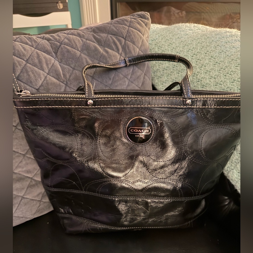 Coach Black Patent Leather Shoulder Bag with Polished Hardware